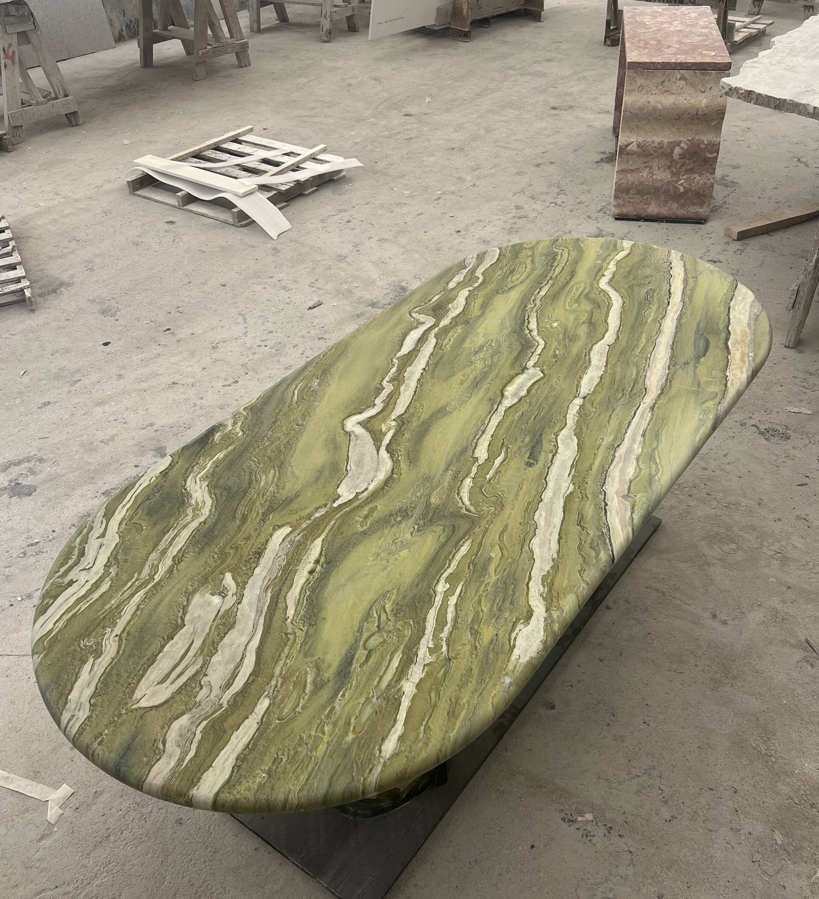 Large green marble oval dining table by my habitat design