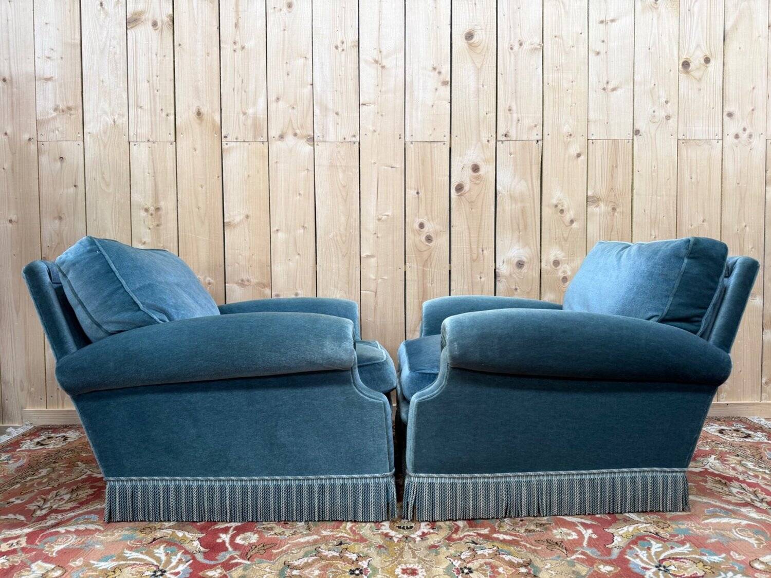 Pair of club armchairs – Napoleon III style – Blue-grey velvet – 19th century.