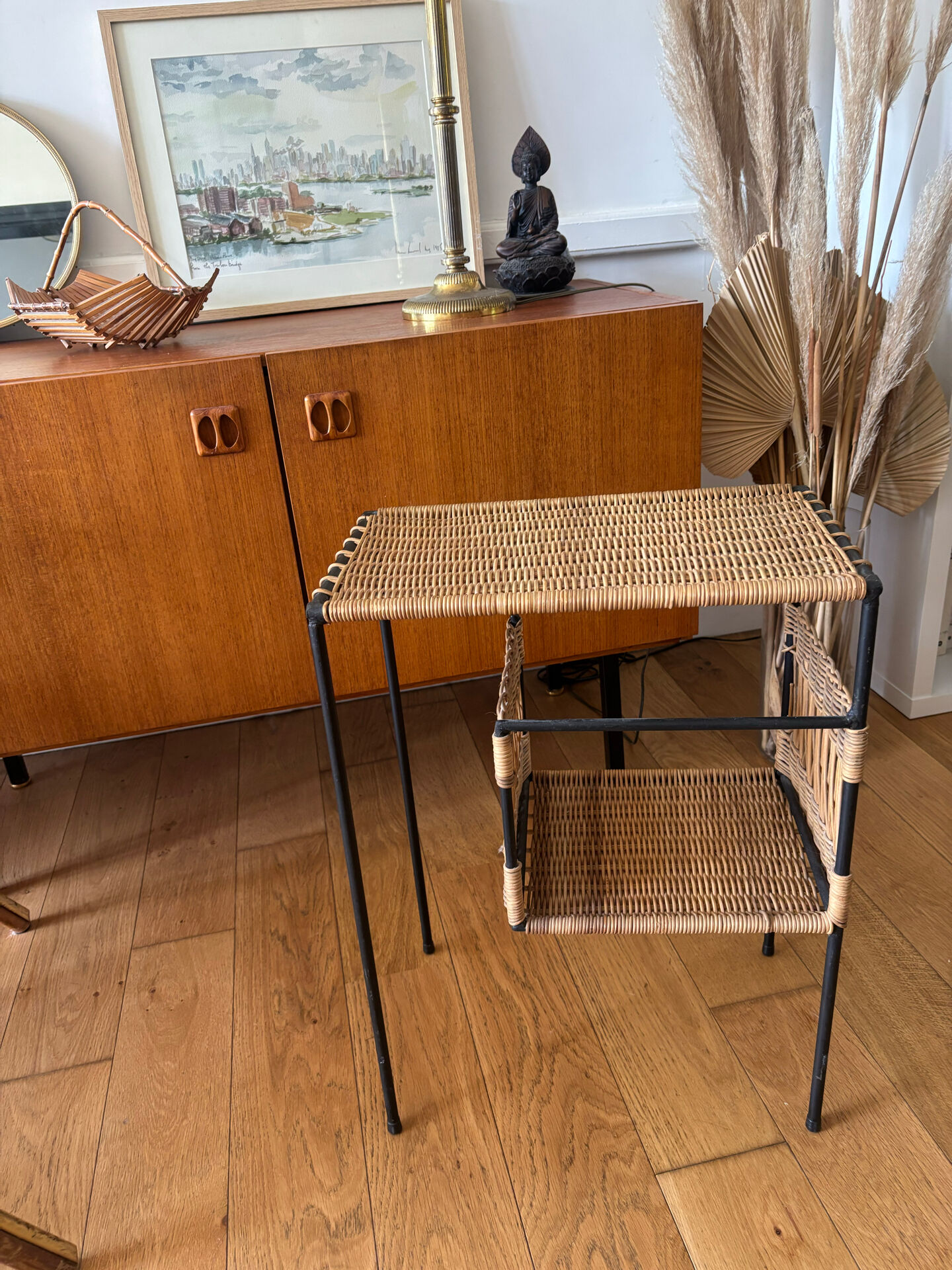 Metal and woven wicker side table – 1970s/80s