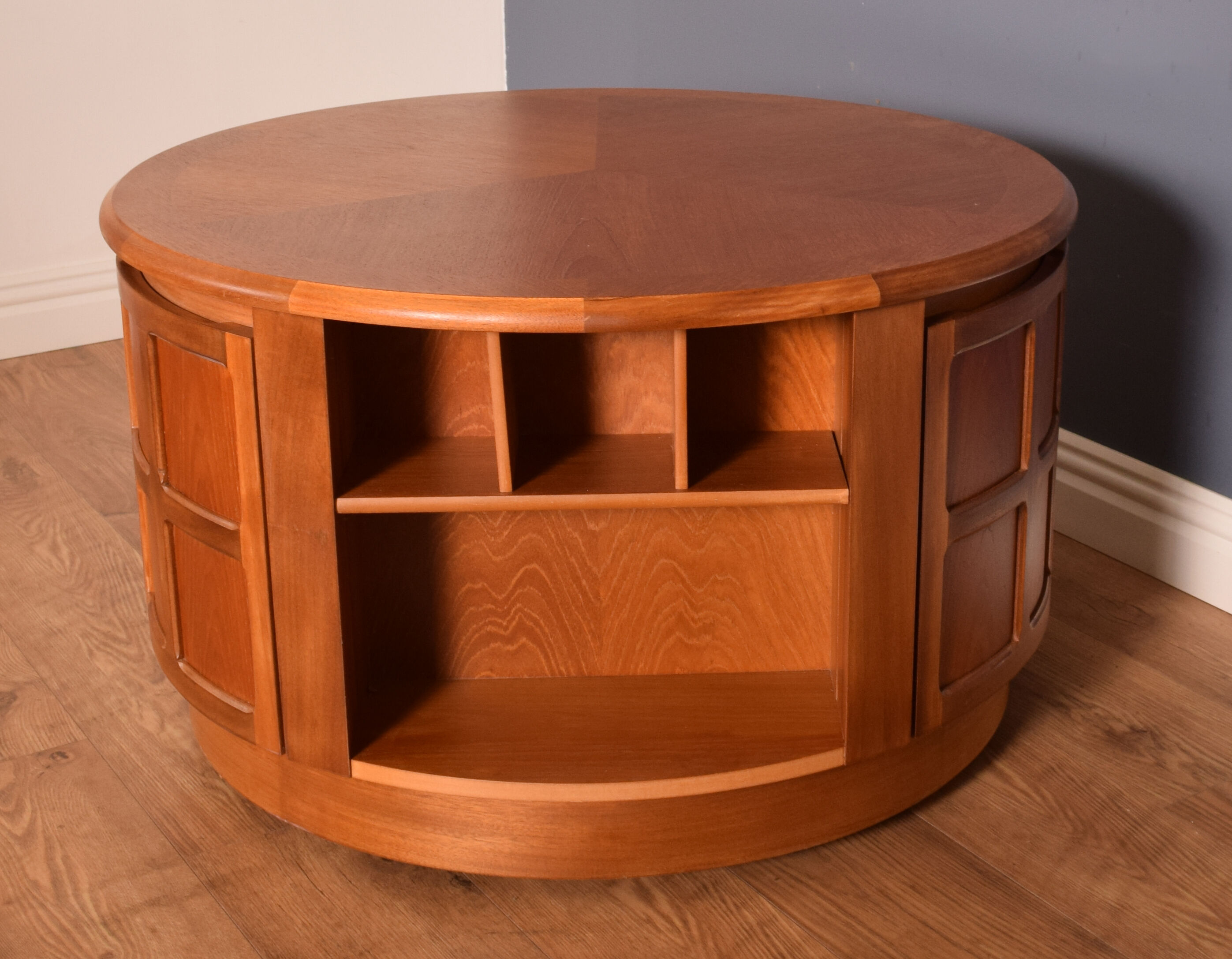 Restored teak retro round nathan squares drum coffee table collectors item