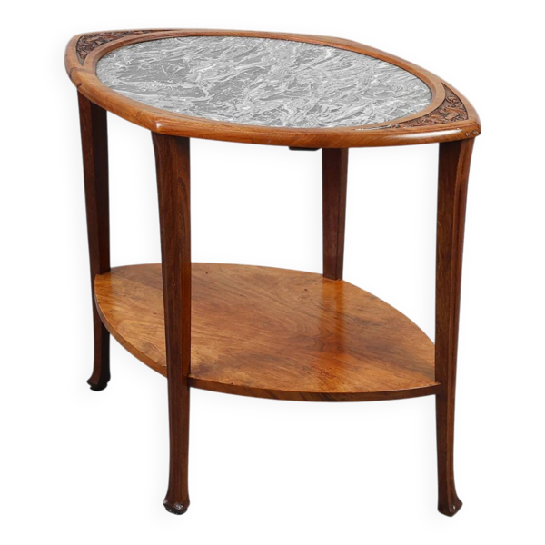 Table d'appoint Art Nouveau en noyer et marbre, France vers 1915