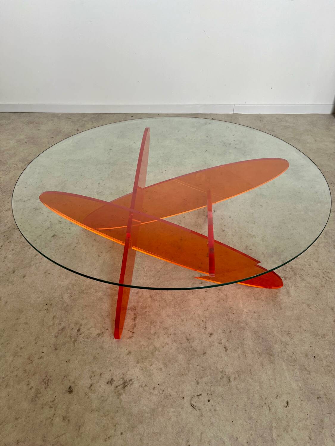 Geometric coffee table glass and orange plexi design 70s Space vintage age