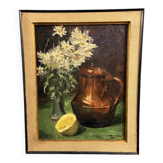 Painting signed still life with copper coquemar, lemon and bouquet of flowers