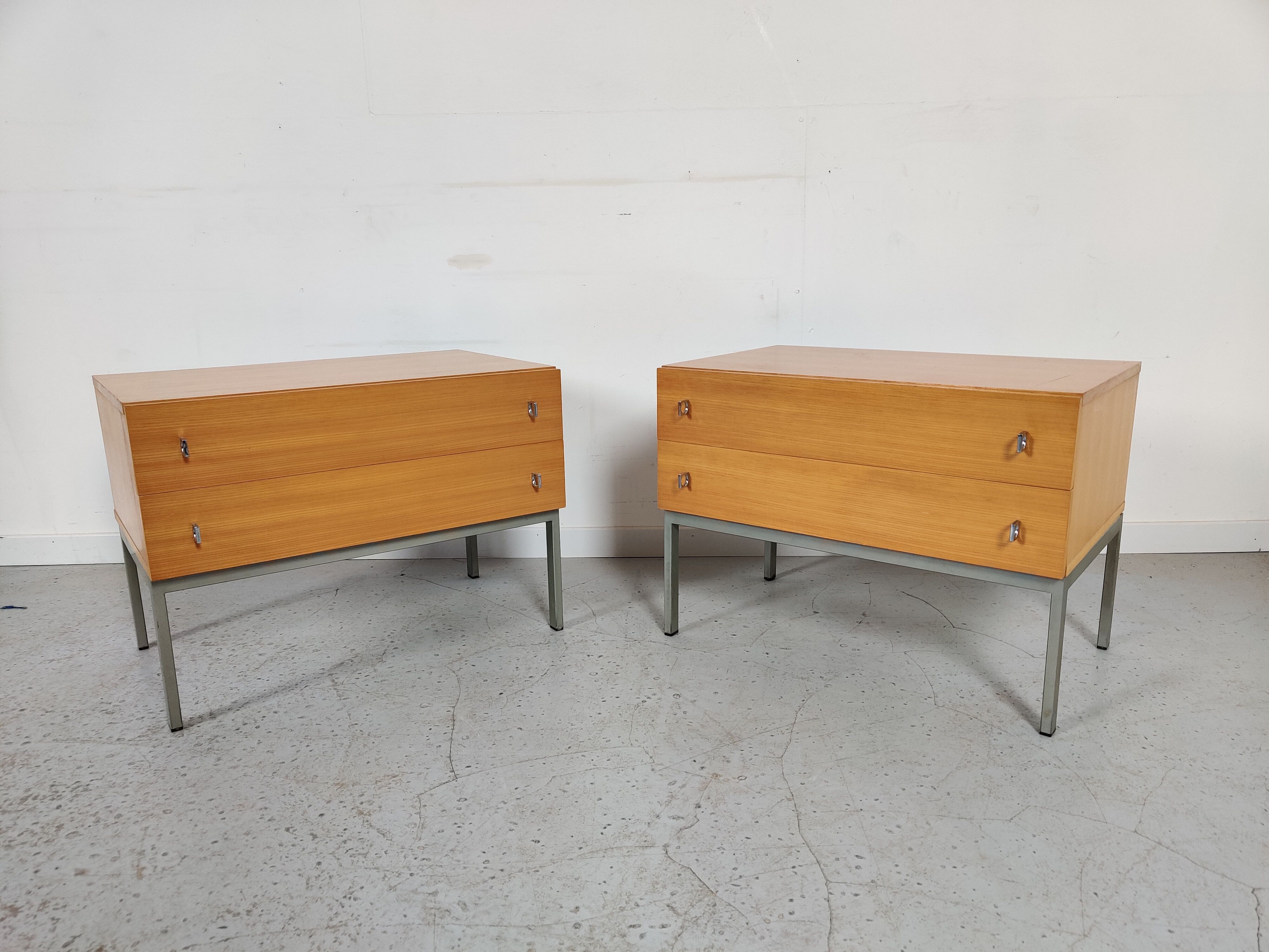 Pair of Scandinavian bedside tables, wood and metal 60s