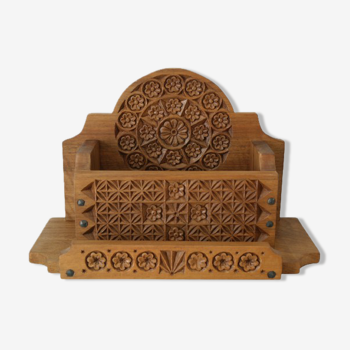 Mail holder, handmade documents carved wood old
