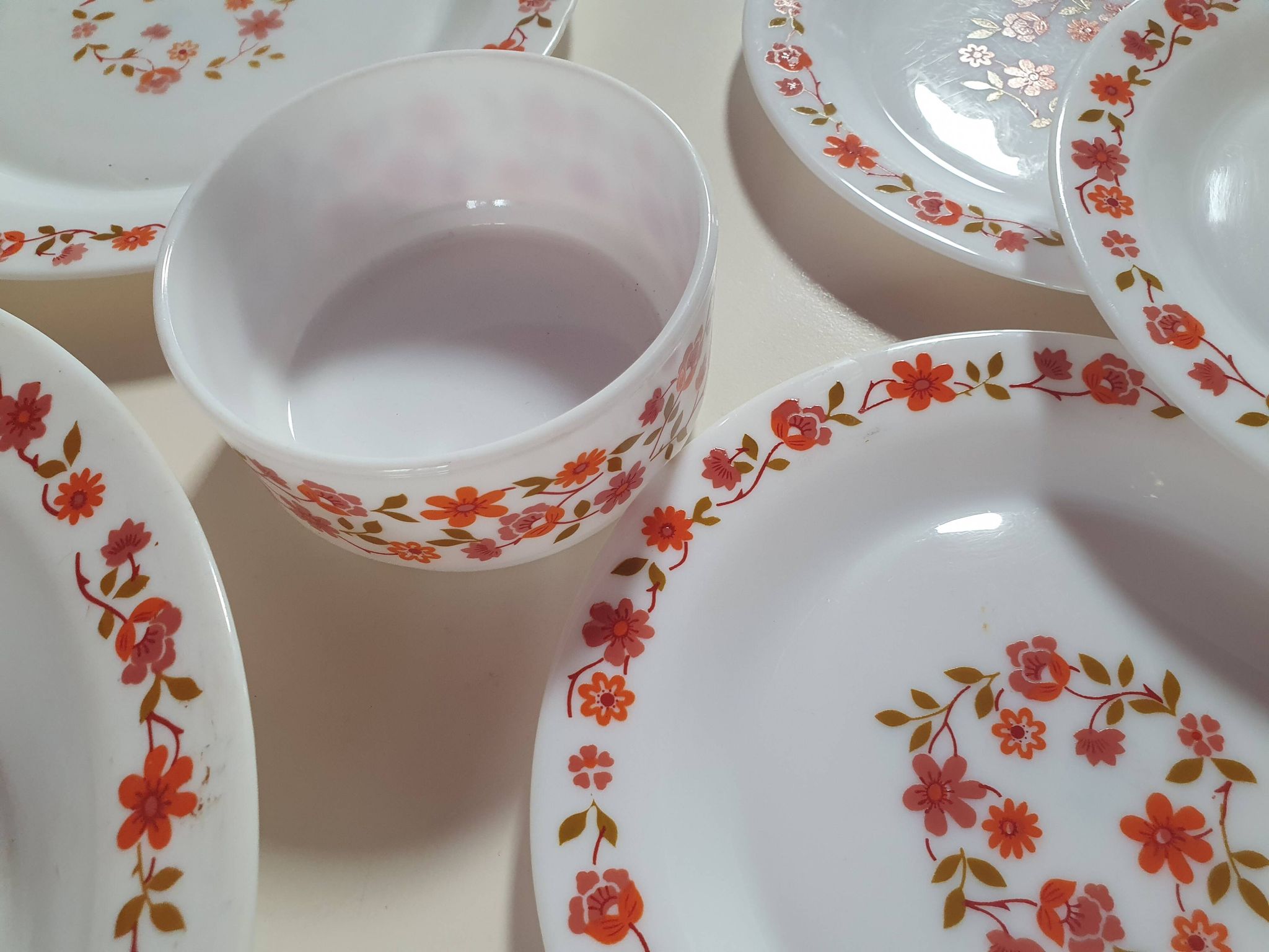 lot of arcopal scania dishes with small orange flowers flat plate, hollow dessert dish, one dish..