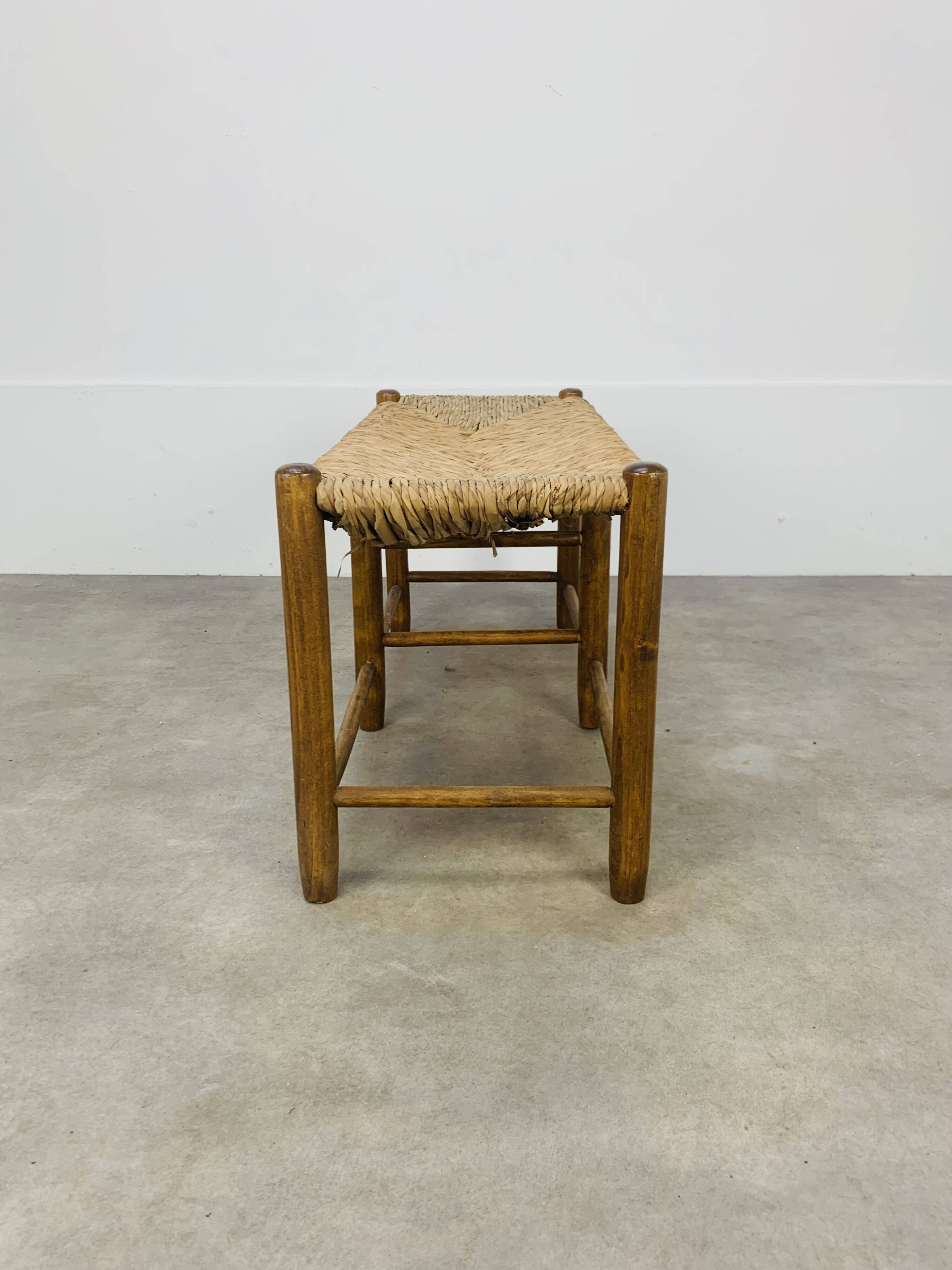 Vintage straw and wood bench, 1960s, country/mountain style