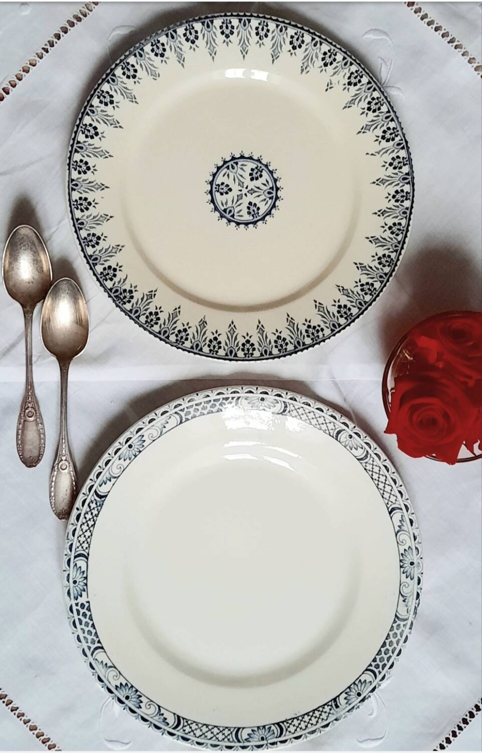 Old mismatched iron earthenware dessert plates accompanied by a dish