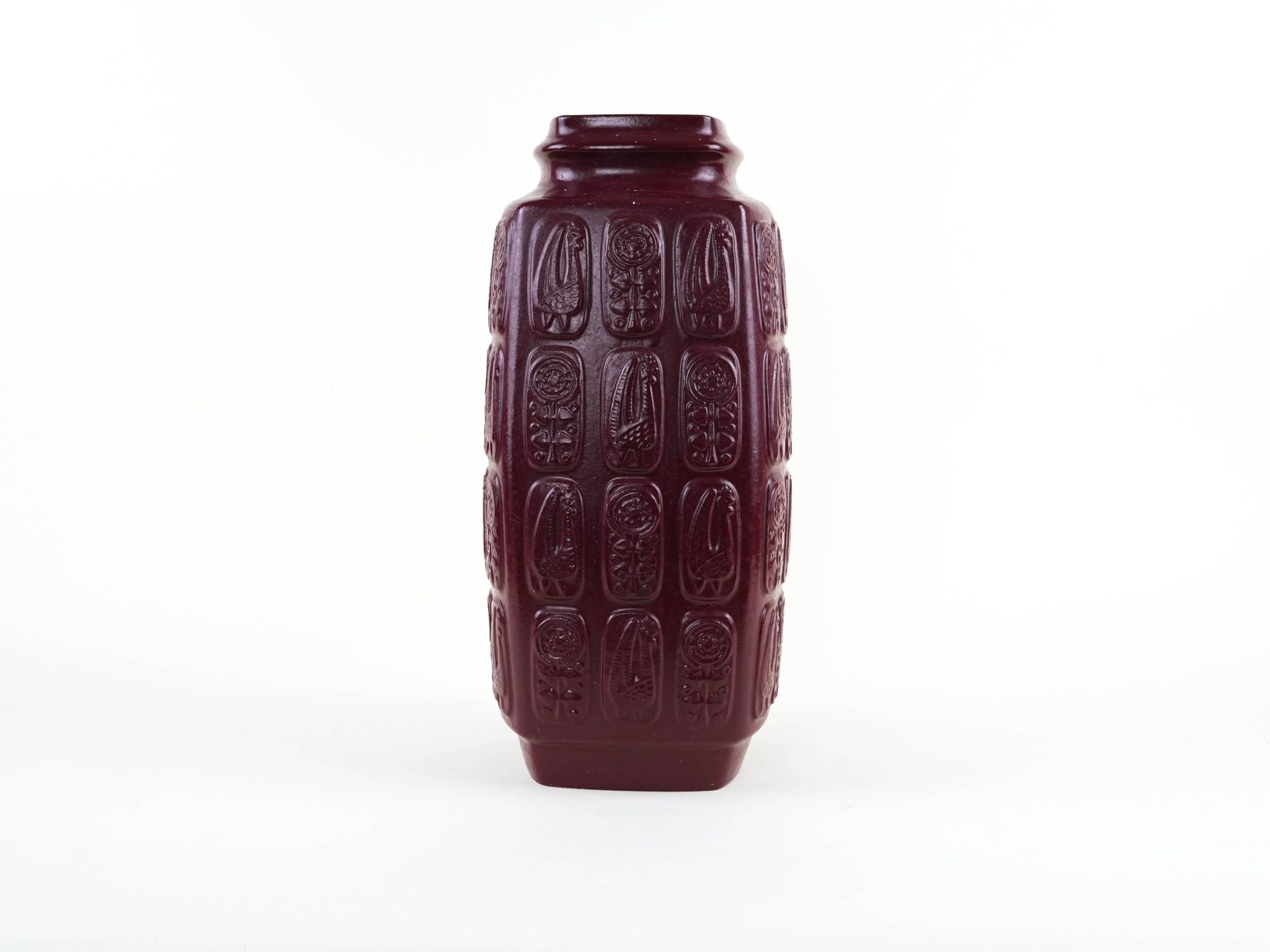 Bay Keramik ceramic vase with floral relief, burgundy glaze, Germany, 1970s