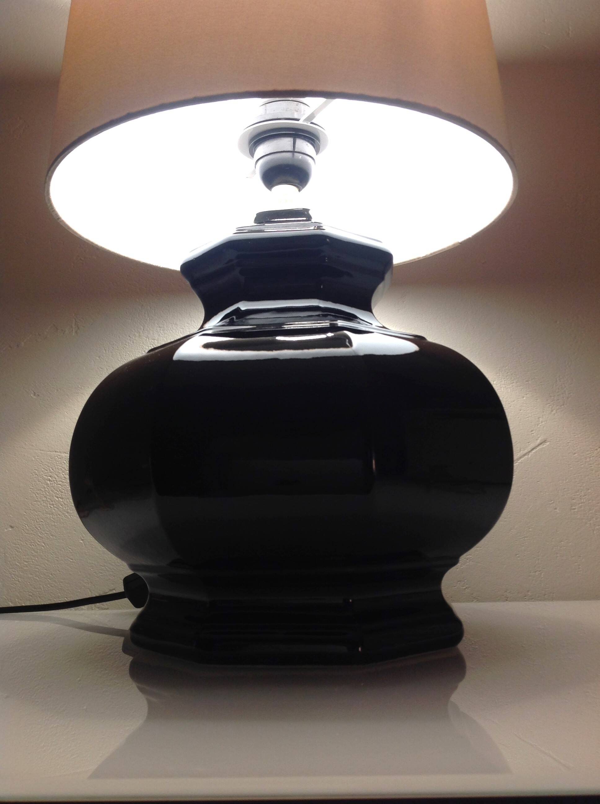 Octagonal black ceramic lamp and gold lampshade / vintage 70s