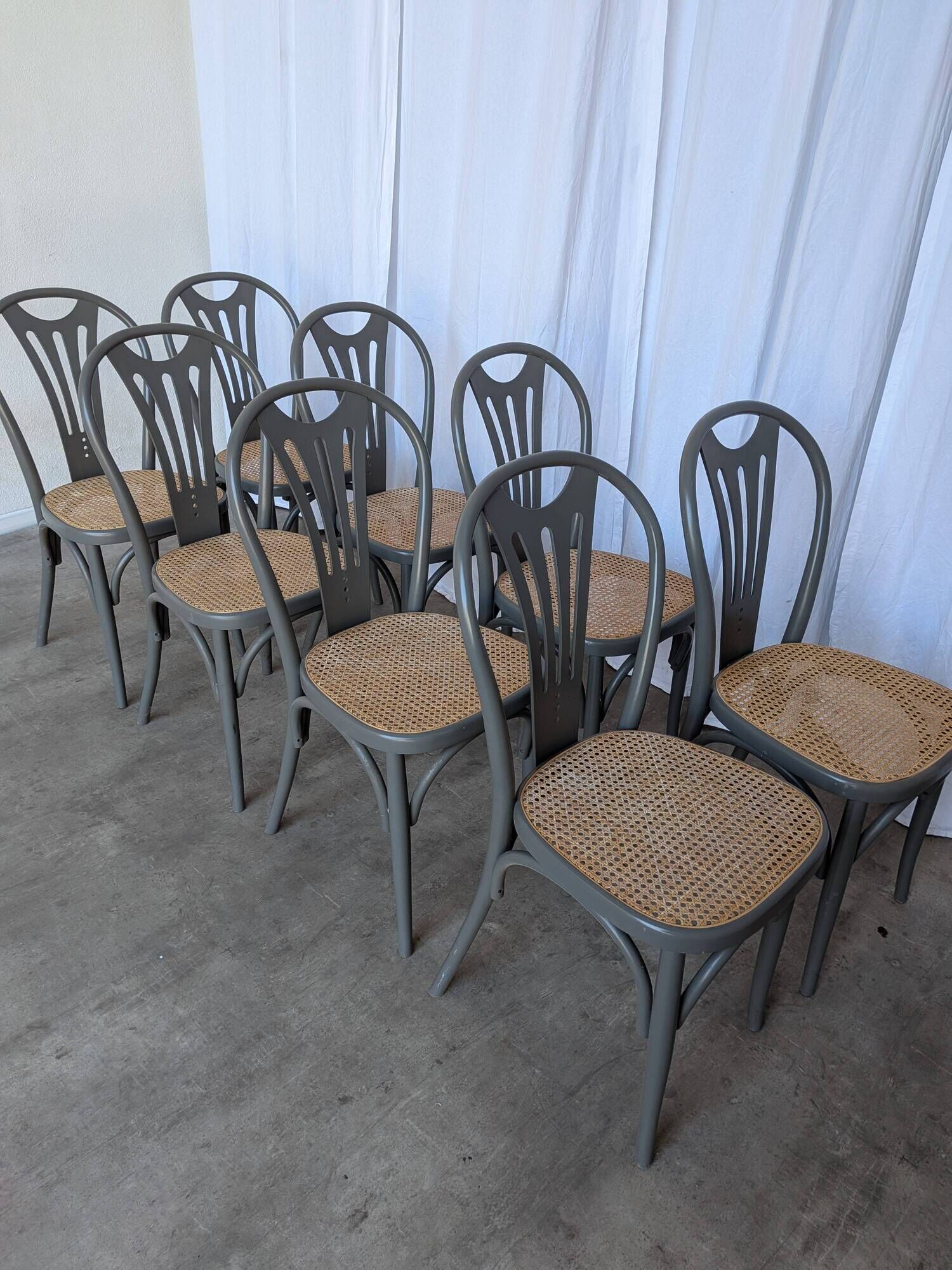 Set of 8 Vintage Gray Bentwood Dining Chair: Thonet Style Cane Seat