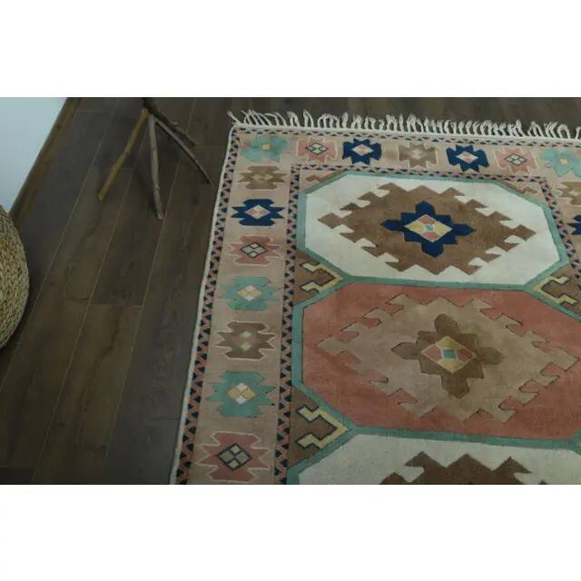 1970s Vintage Turkish Handmade Wool & Cotton Pink Area Rug 165x219