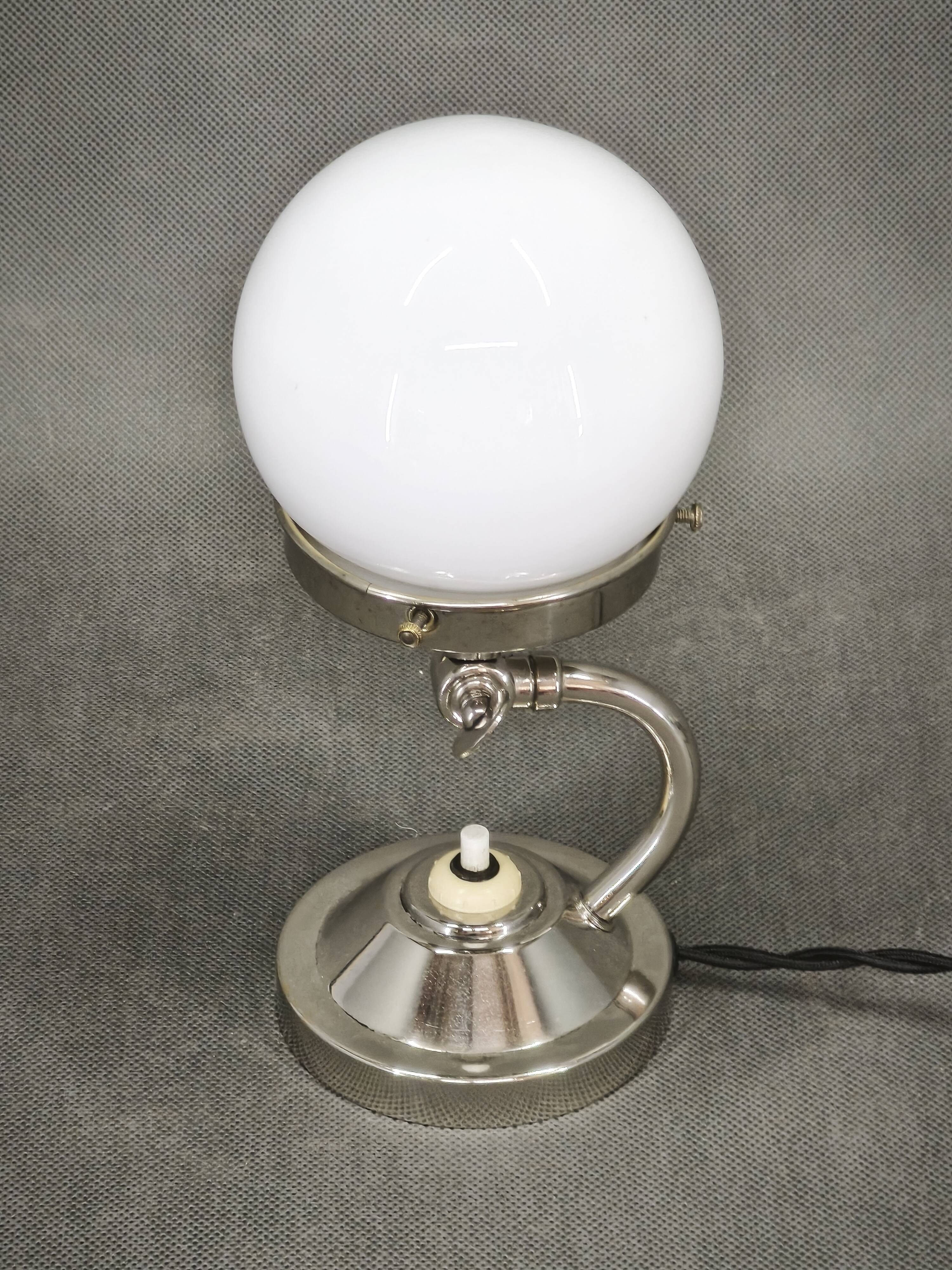 1930s Bauhaus Nickel and Opaline Glass Table Lamp, Czechoslovakia