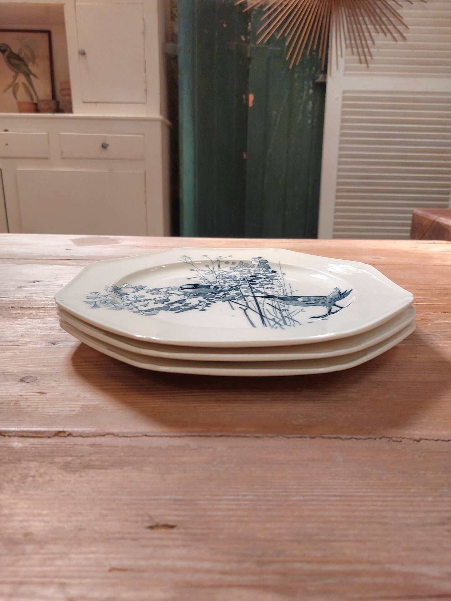 Set of three blue ironstone flat plates.