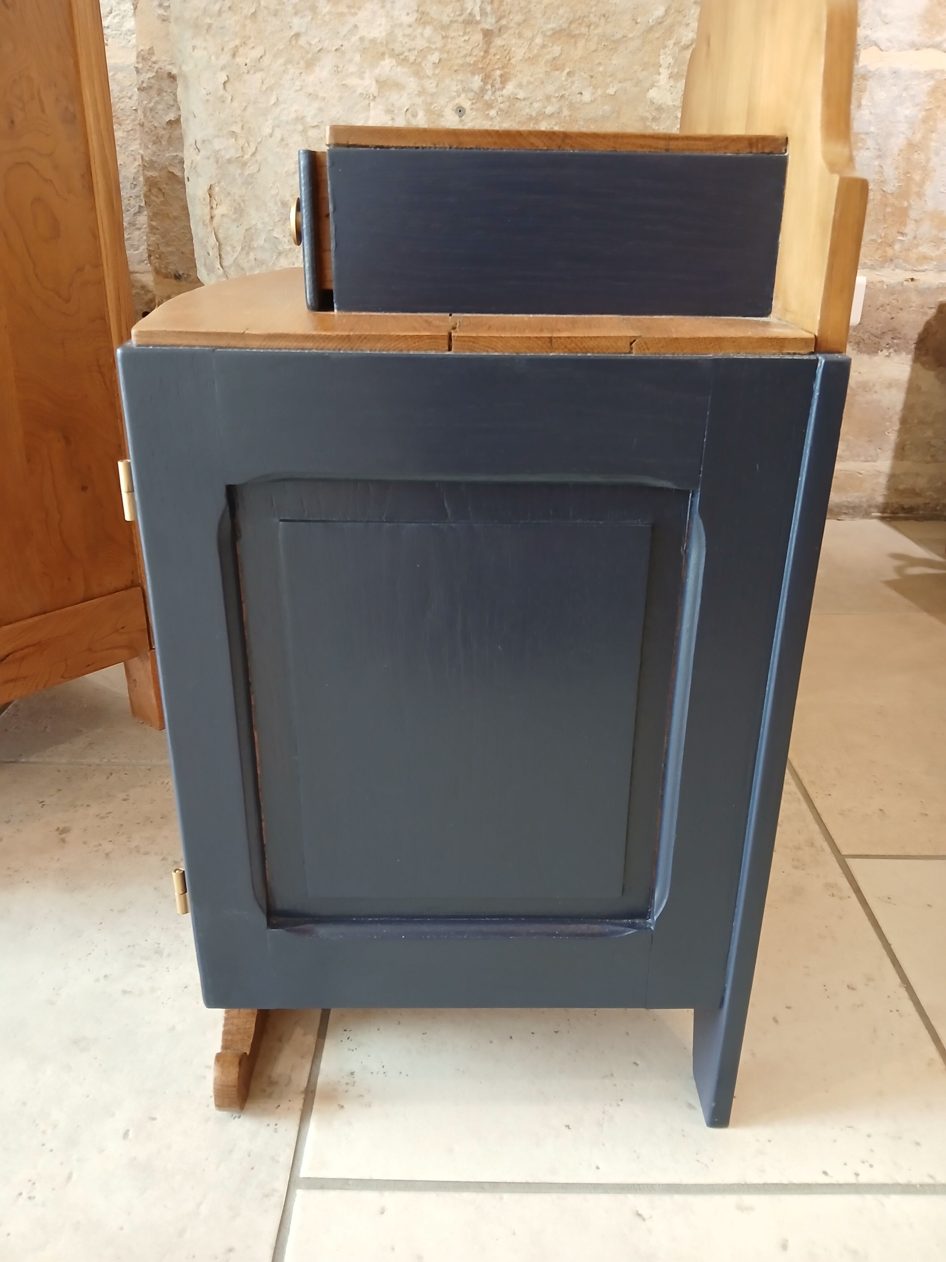deep blue and wood refurbished bedside table