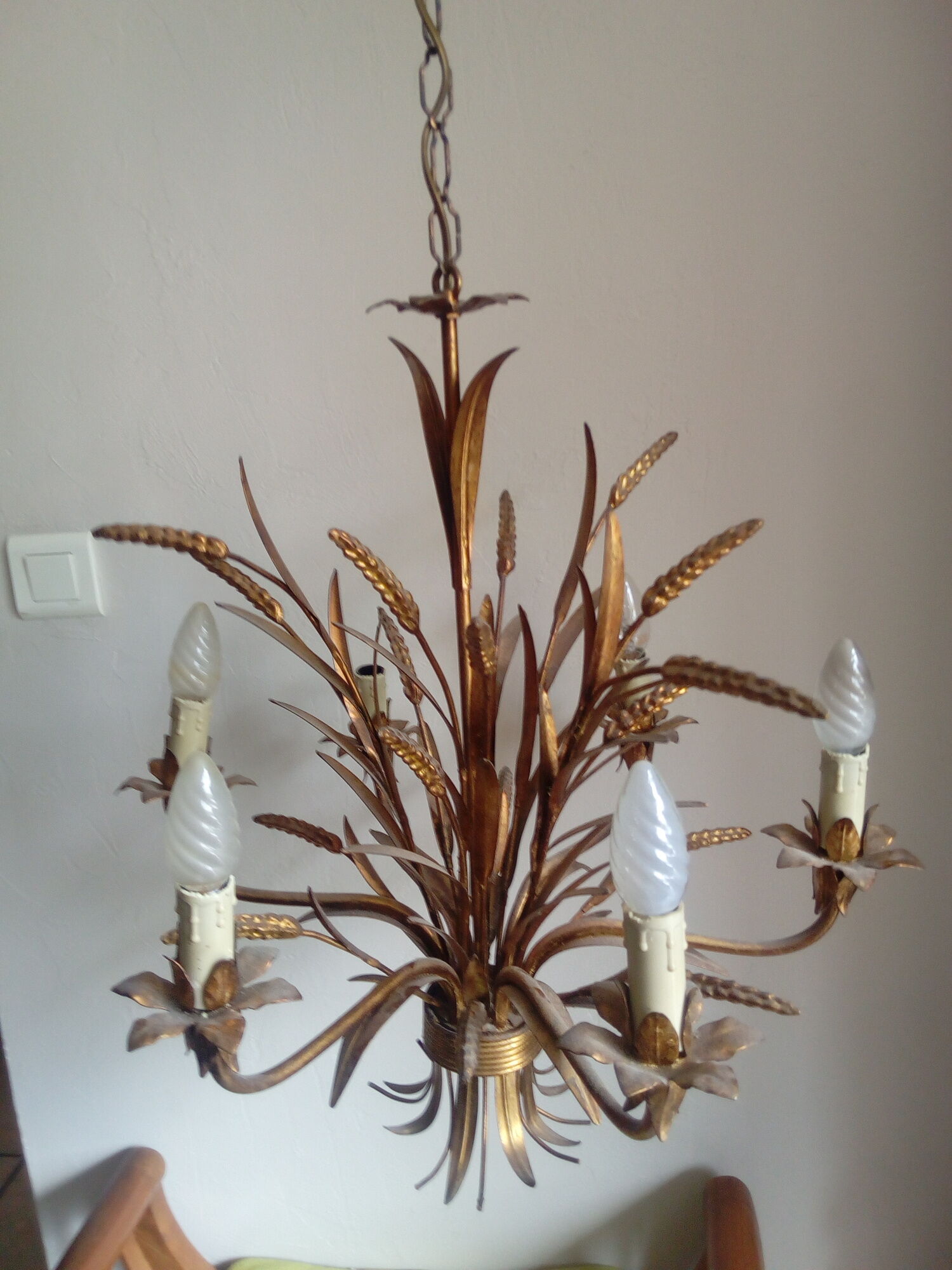 Chandelier ear of wheat years 60/70 6 branches gold metal 103 cm