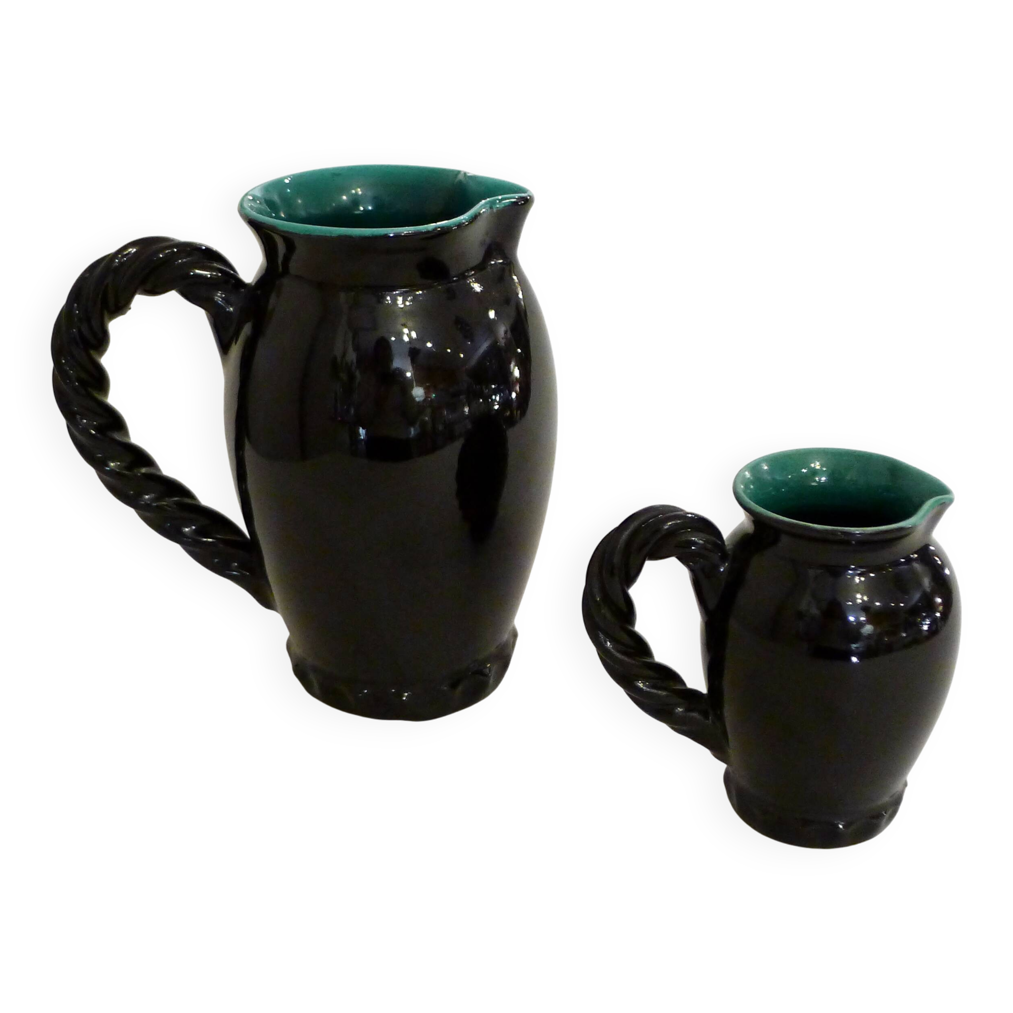 Set of 2 pitchers with braided handles, in Grandjan-Jourdan Vallauris earthenware, 1950