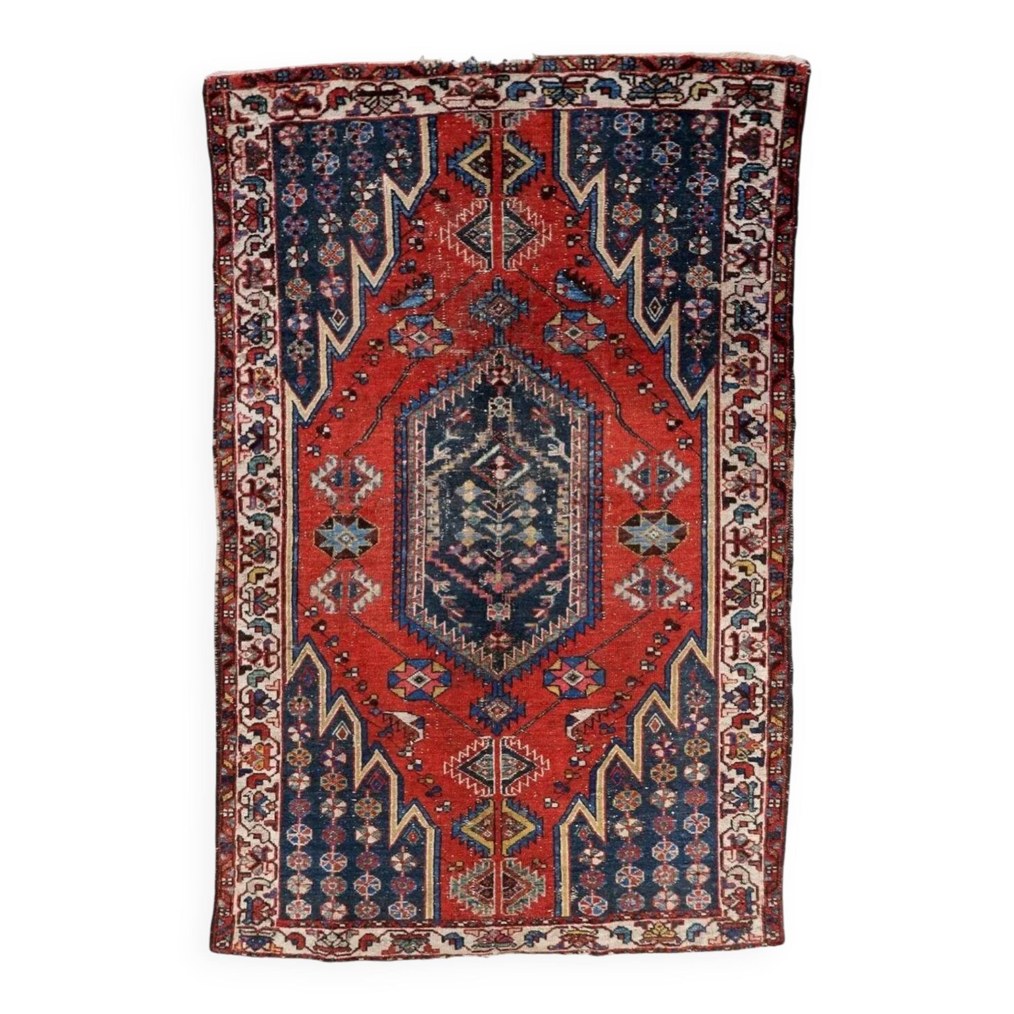 Antique 1920s Persian Hamadan rug, distressed tribal medallion, 128cm x 194cm