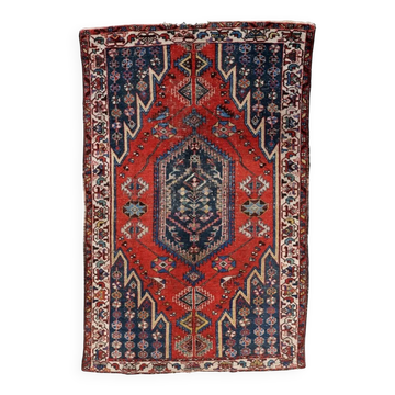 Antique 1920s Persian Hamadan rug, distressed tribal medallion, 128cm x 194cm