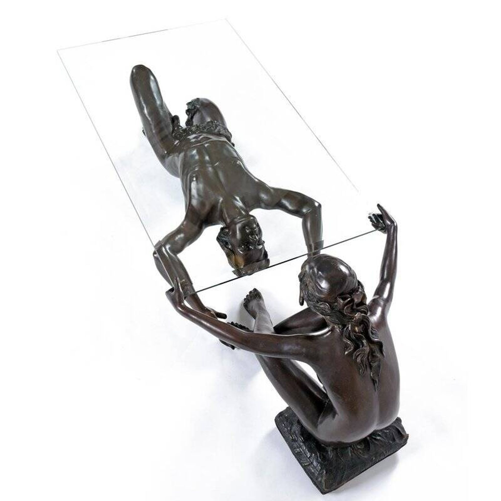 Table basse en bronze avec sculpture figurative et plateau en verre par C. Conndray