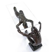 Table basse en bronze avec sculpture figurative et plateau en verre par C. Conndray
