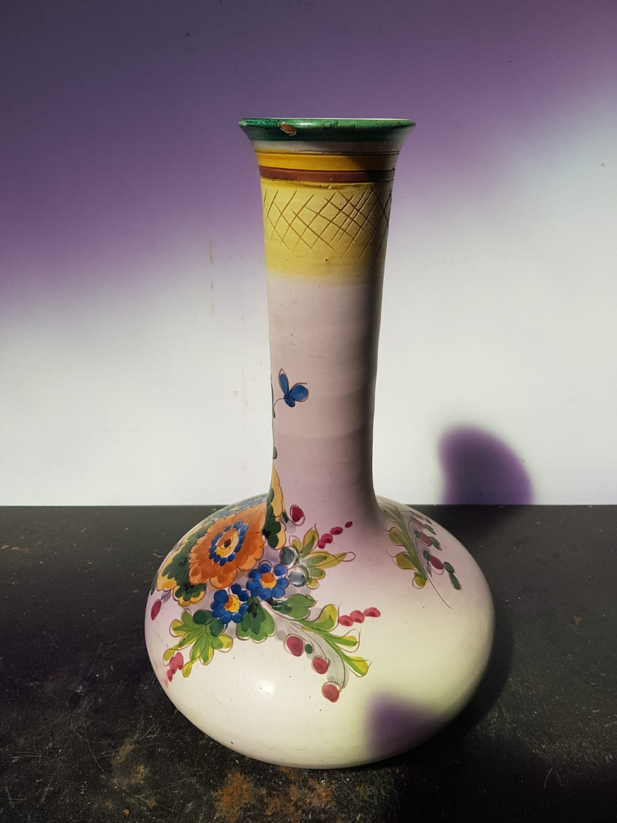 Ancient ceramic vase enamels decor flowers made in italy vintage