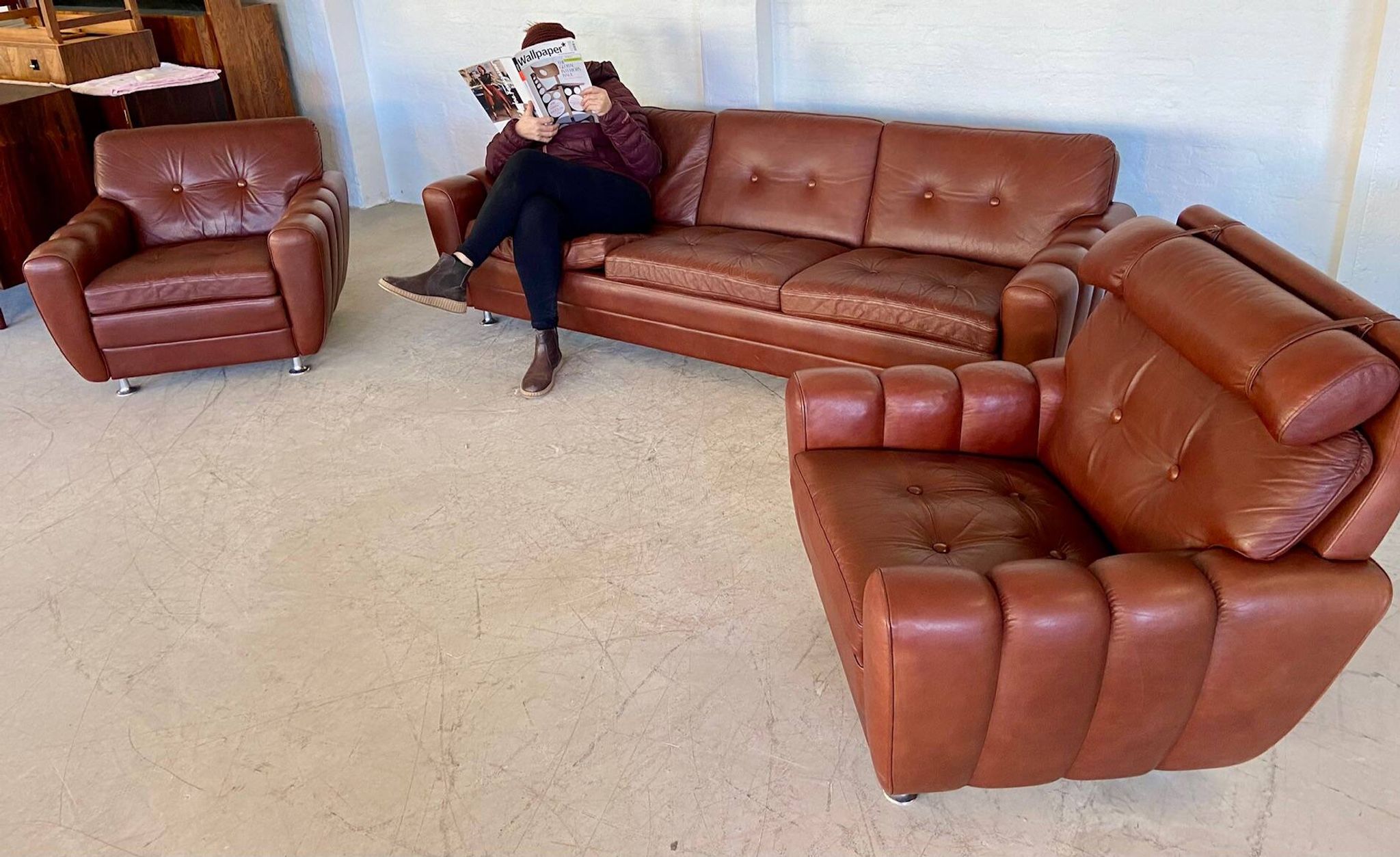 Vintage Danish mid-century Svend Skipper leather club chairs 1970s