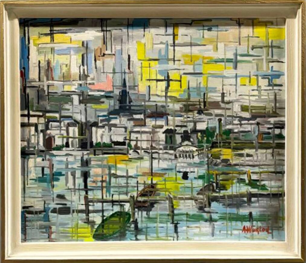 Large oil on canvas a. wurlod view of a port