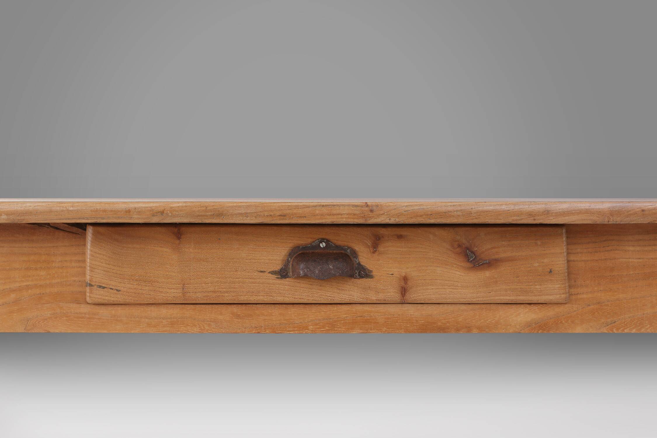 Wabi sabi style French dinner table in elm wood with drawer, ca. 1850