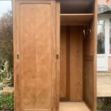 Vintage wardrobe with compass legs in raw wood, sliding doors, 1960s