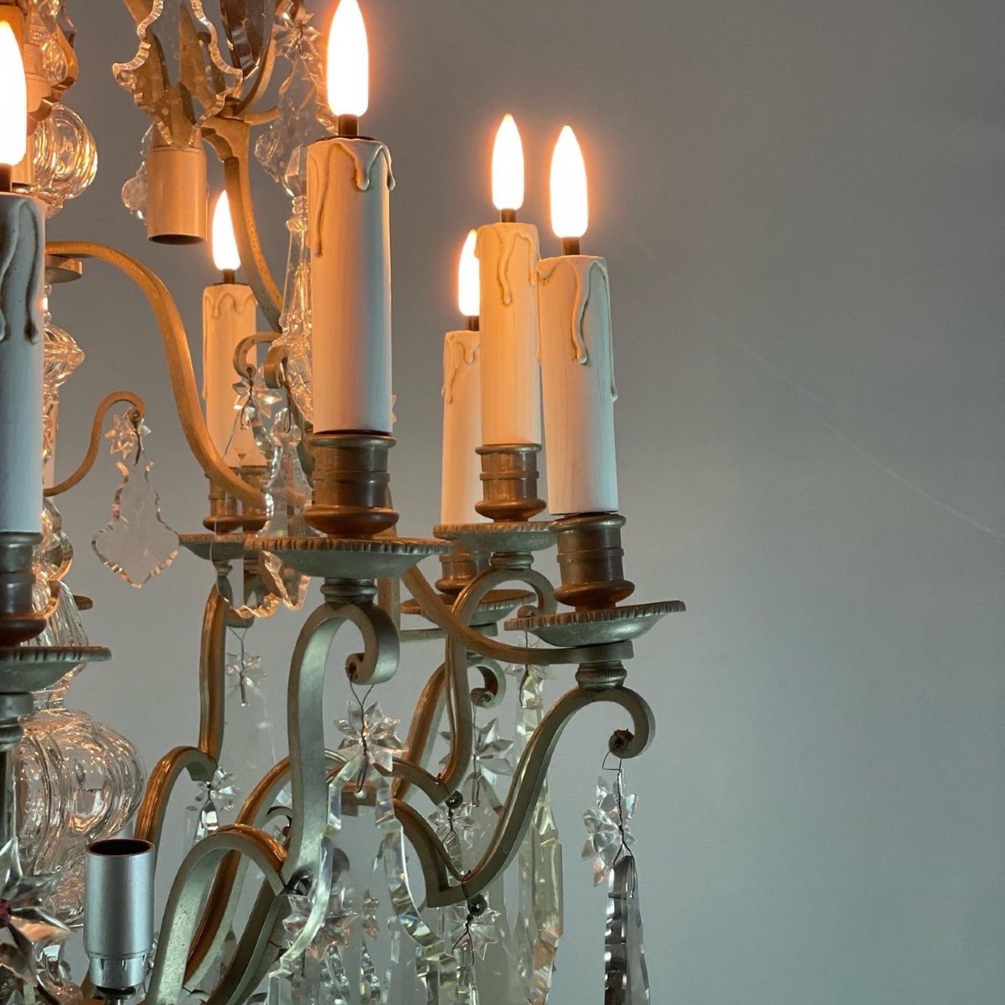 Silver bronze cage chandelier with crystal grapevines circa 1900