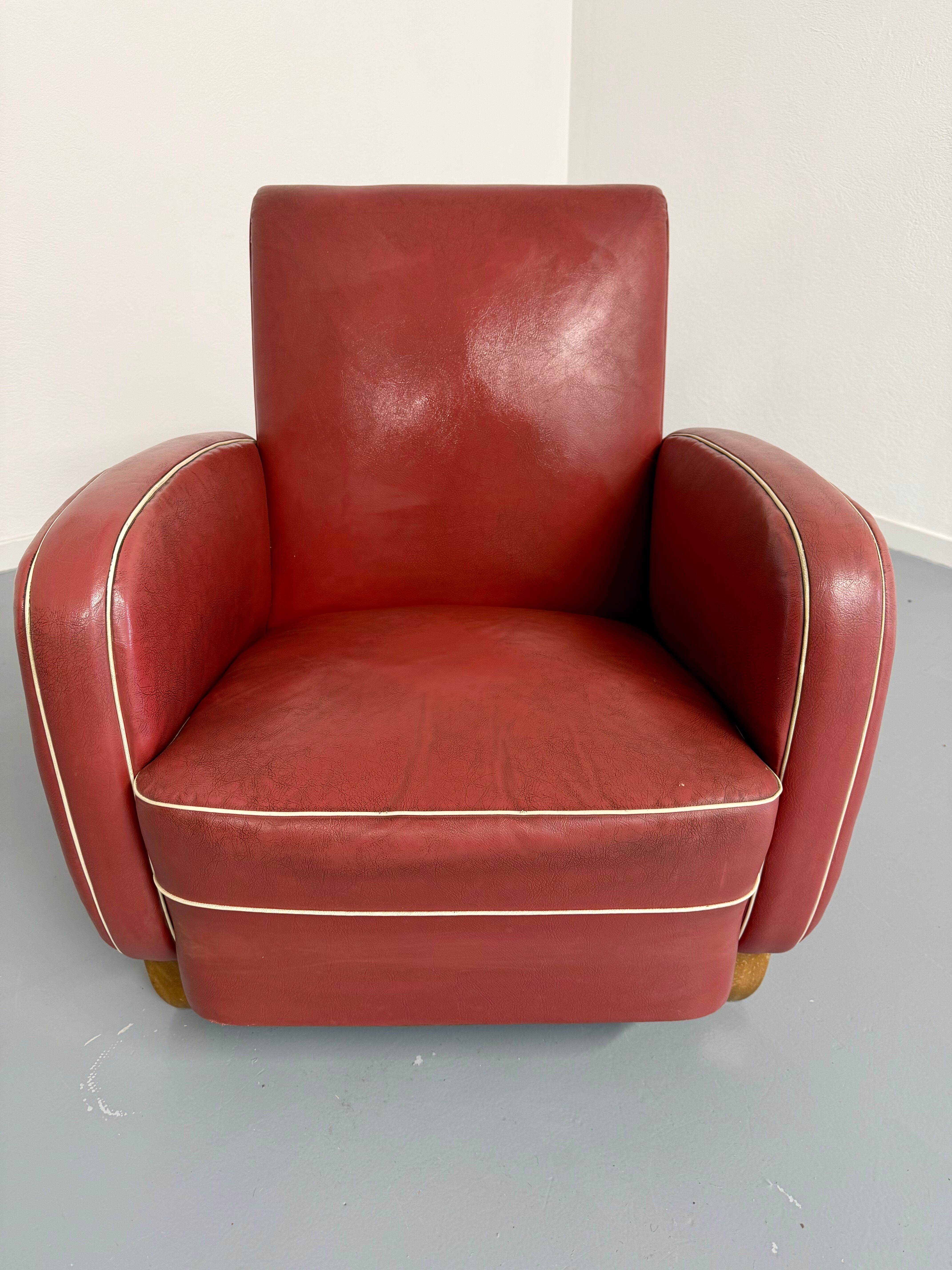 Vintage red faux leather Art Deco club chair from the 1940s/50s.