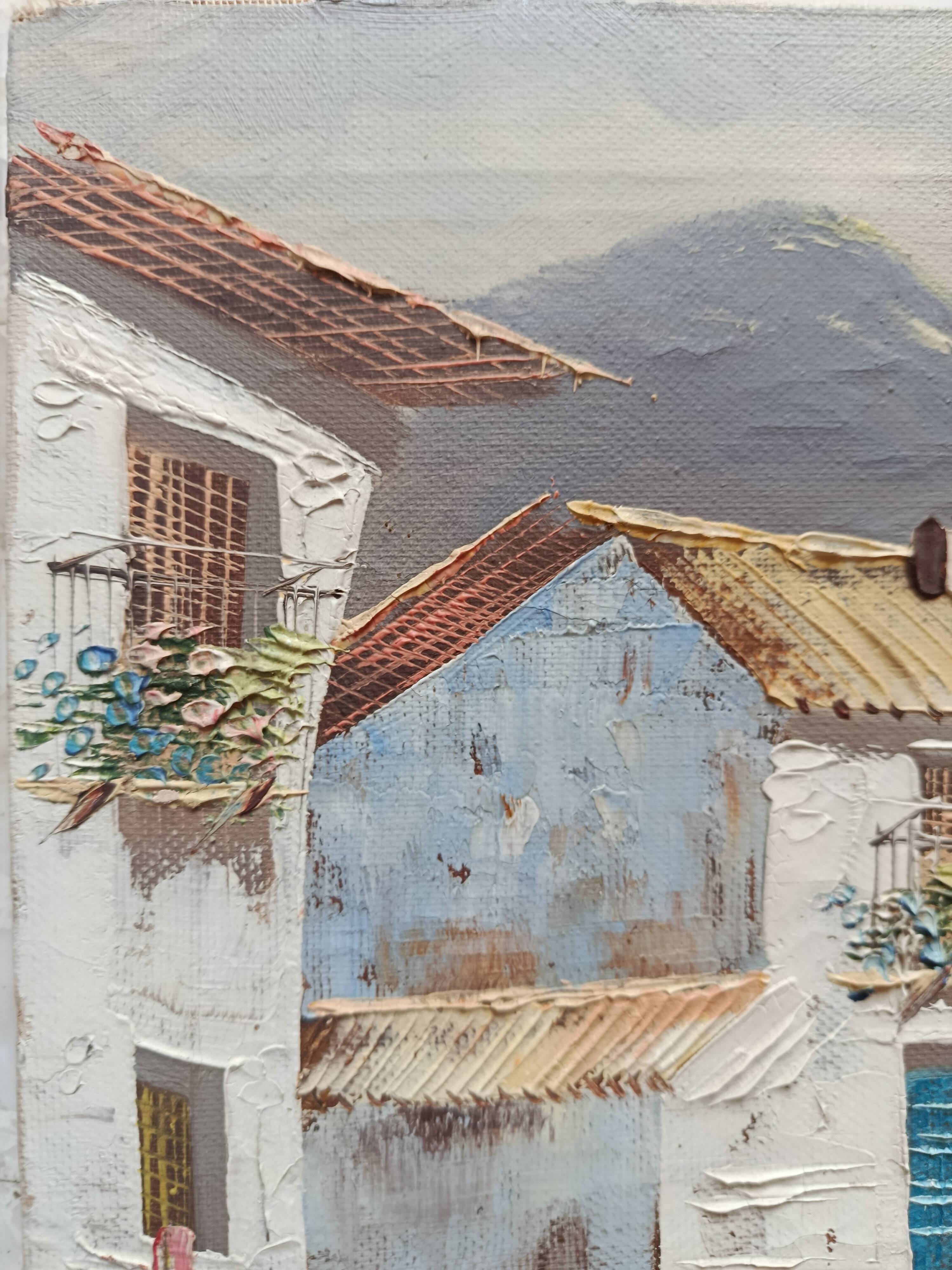Hst 20th century signed solana: fishermen's houses, palm tree, tenerife, canary islands, spain