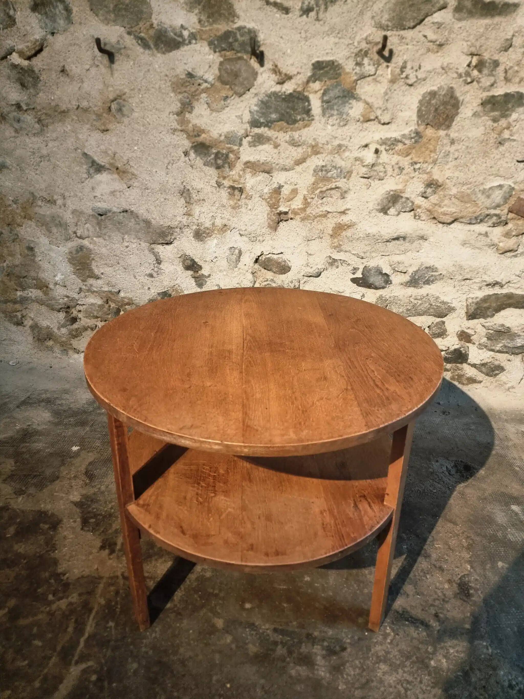 Vintage solid oak coffee table | 1930s round side table with shelf