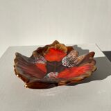 Empty Vallauris pocket in the shape of a leaf, orange and brown iced décor