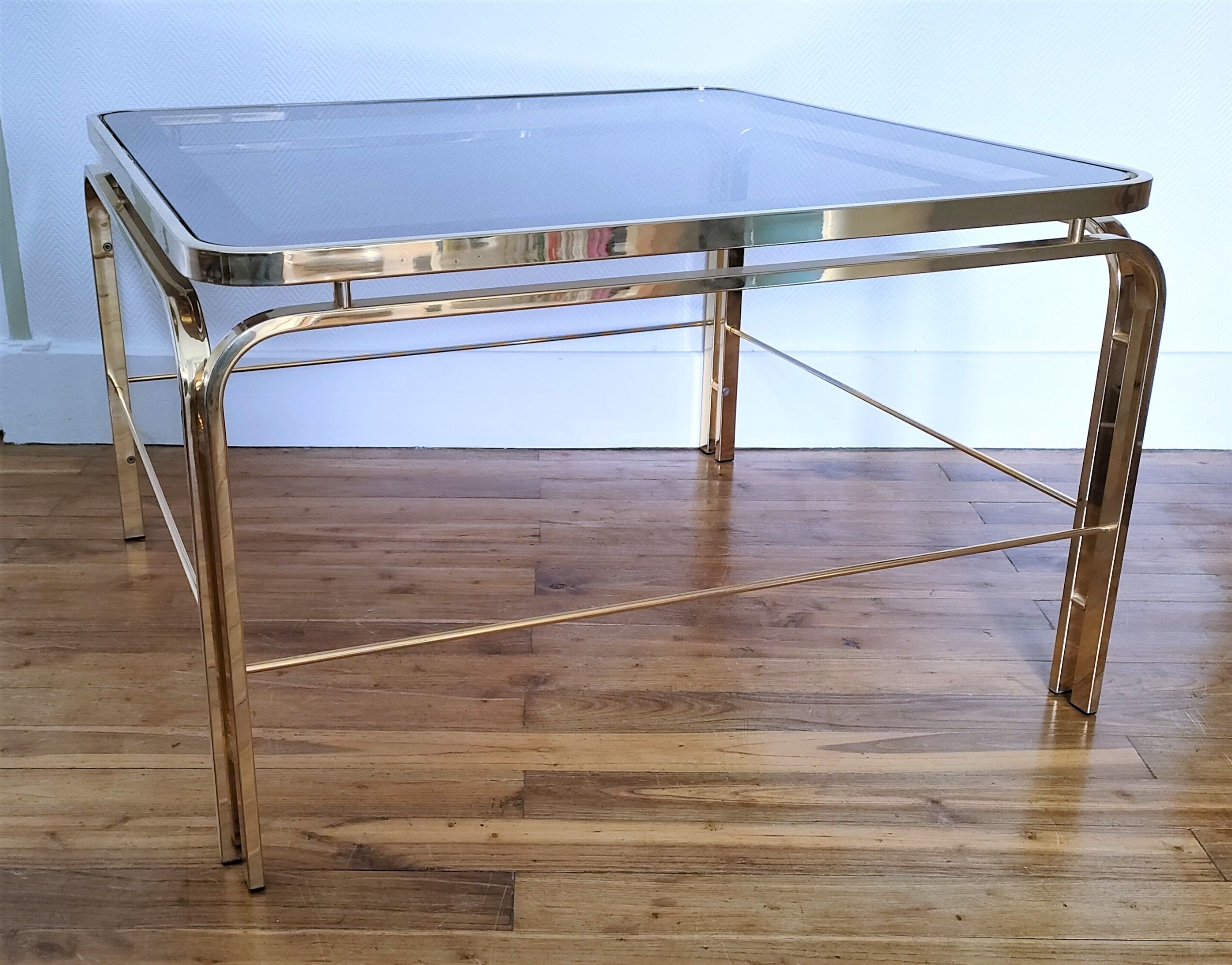 Coffee table glass smoked metal gilded Italian design 80s stamped