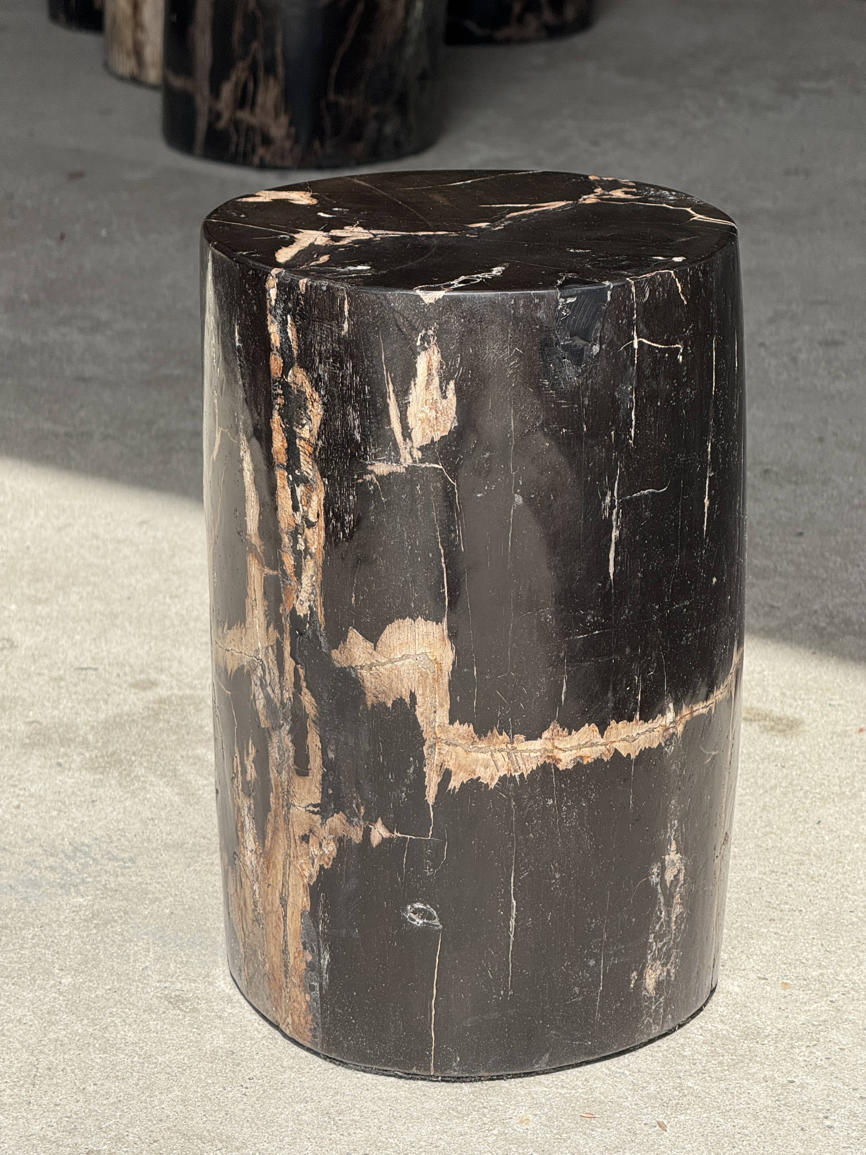 Small side table in black petrified wood with stripes and beige bottom H28.