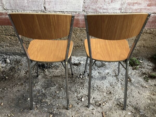 Paire de chaises pieds compas métal chromé avec formica marron années 70 vintage