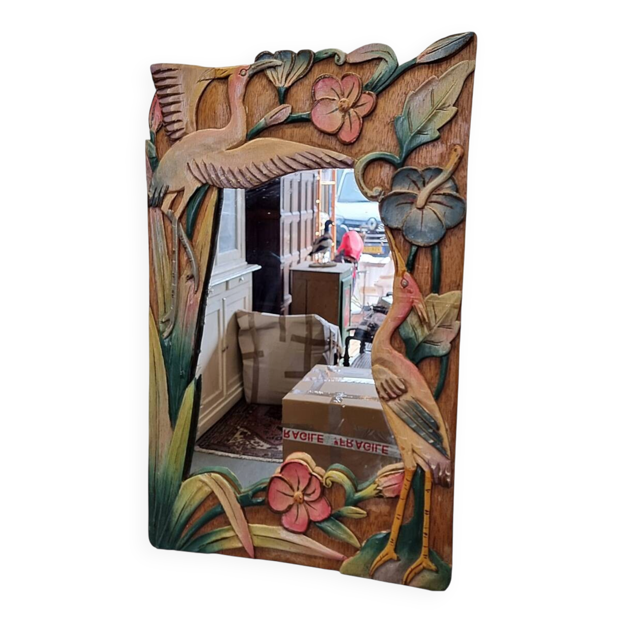 Vintage Balinese Wooden Mirror With Herons And Flowers, 1980/90s
