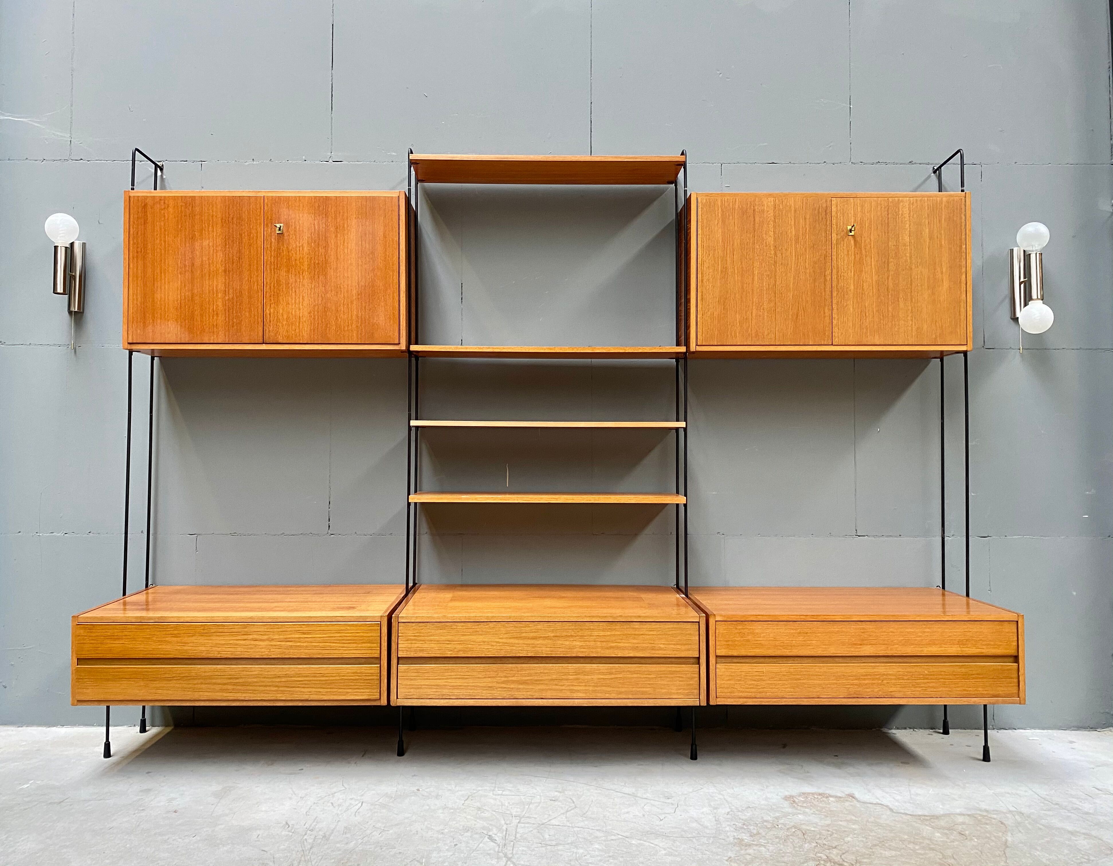 Mid century german teak floating wall unit by Dieter Hilker for Omnia, 1960s