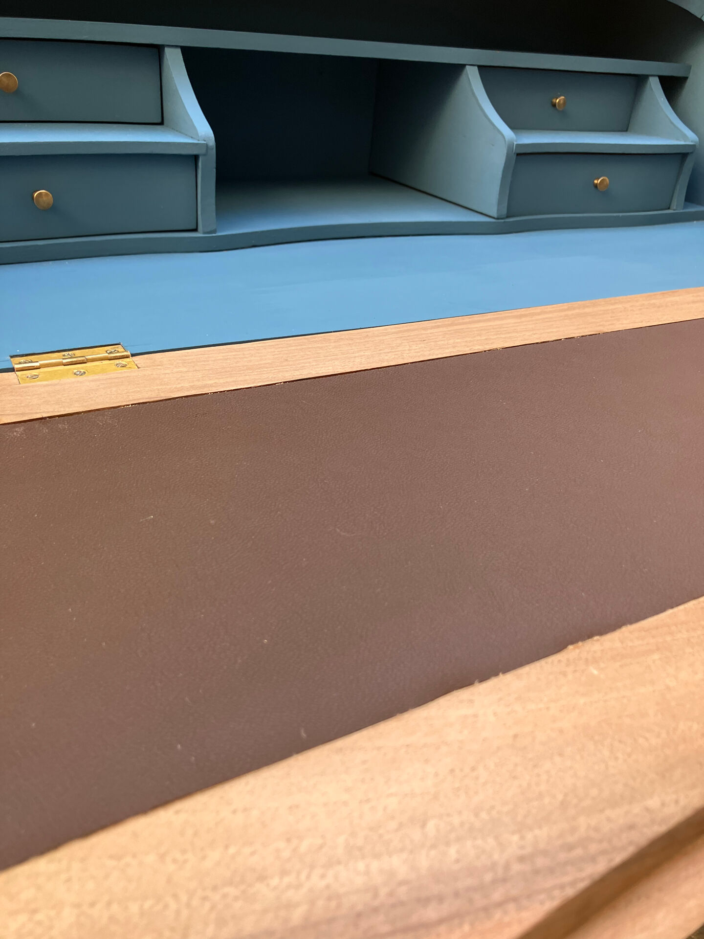 Restored antique drop-leaf secretary – natural wood & midnight blue