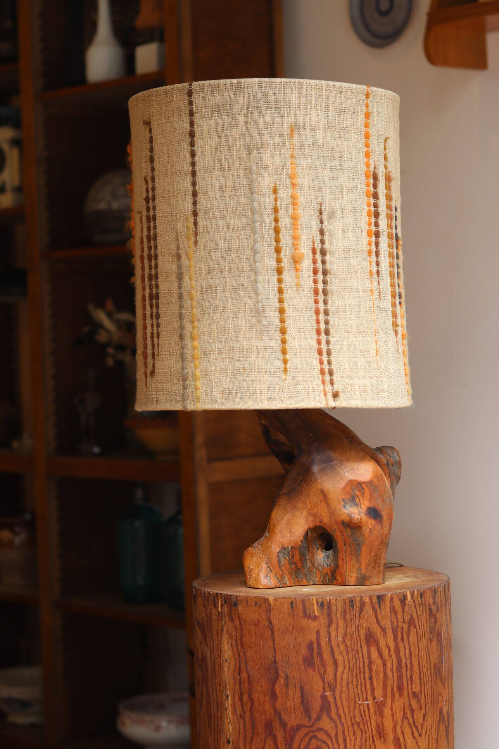 Large 1960s lamp made of olive wood.