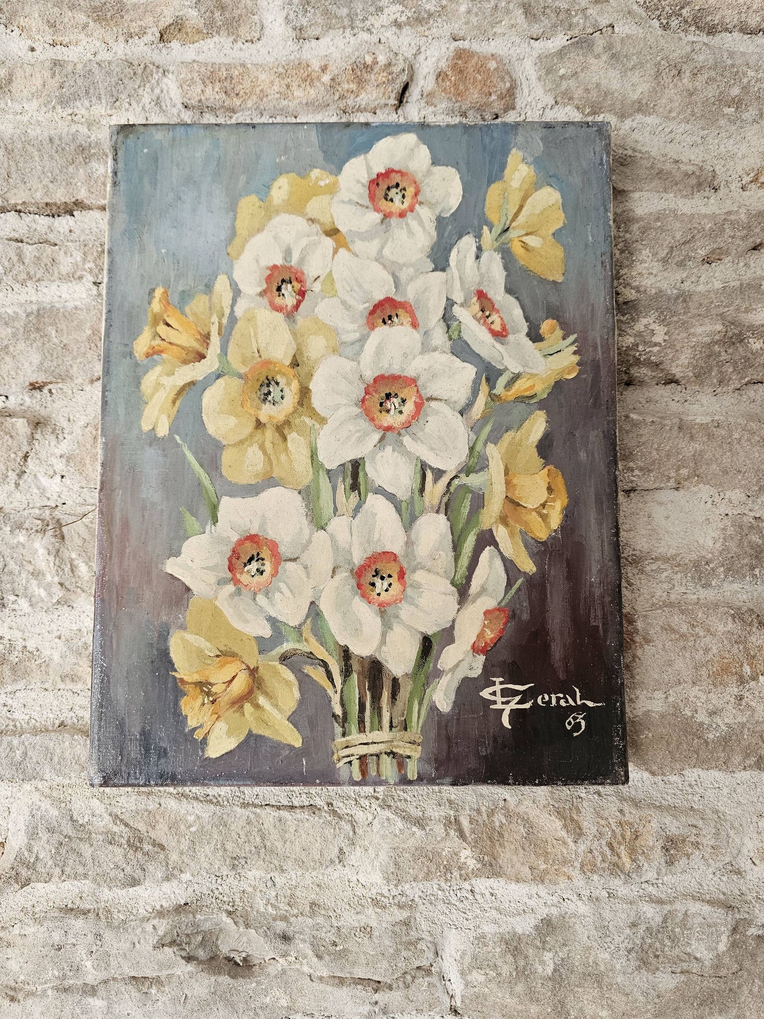 Table Oil on canvas The bouquet of Daffodils (Flowers) signed L Geral