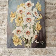 Table Oil on canvas The bouquet of Daffodils (Flowers) signed L Geral