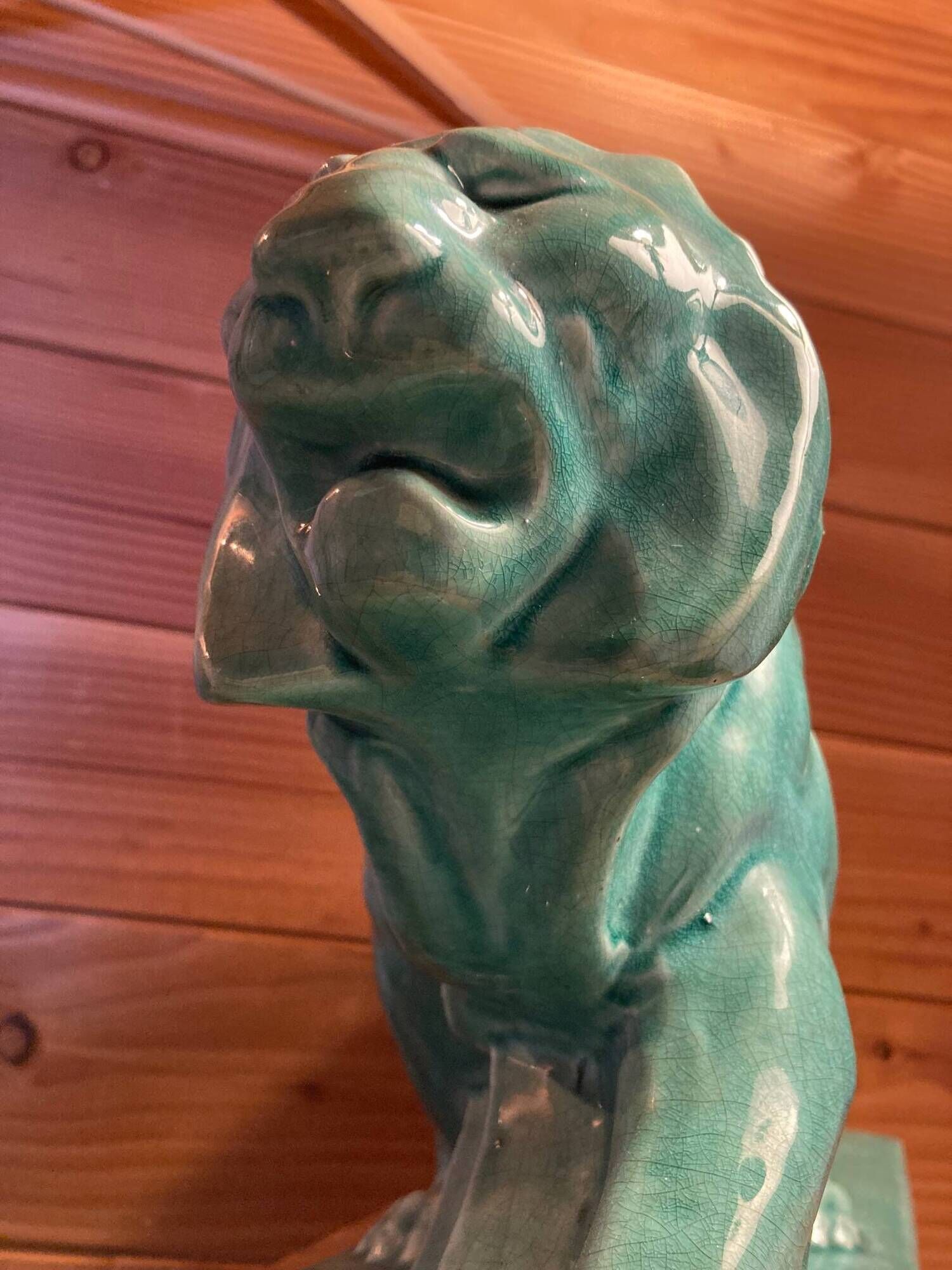 Large Art Deco lion sculpture, in crackled enamel, Peugeot, 1934, Le Jan