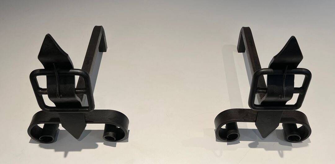 Pair of Wrought Iron Andirons with Obelisk and Belt Motifs