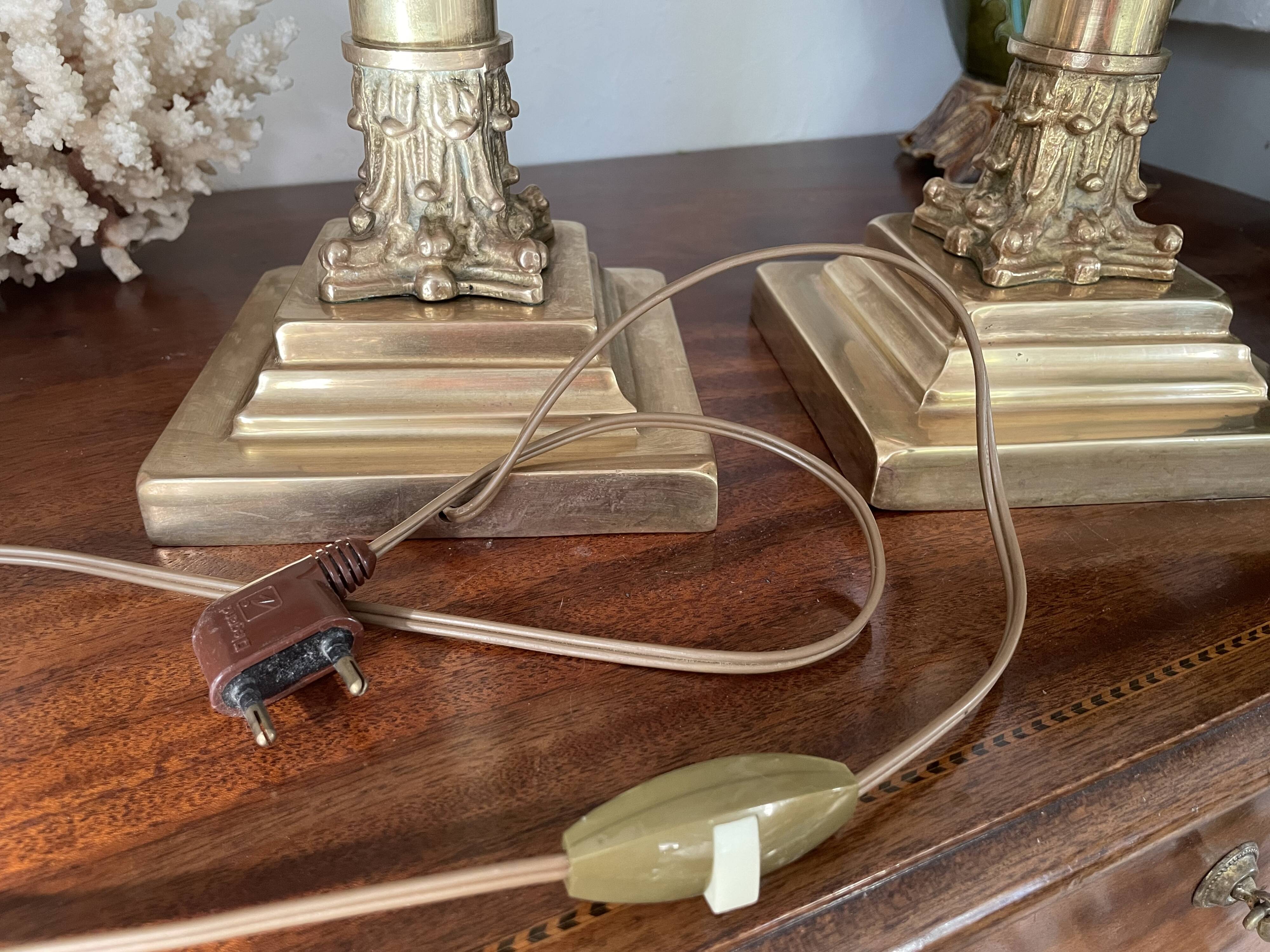 Pair of brass and bronze column lamp 44cm