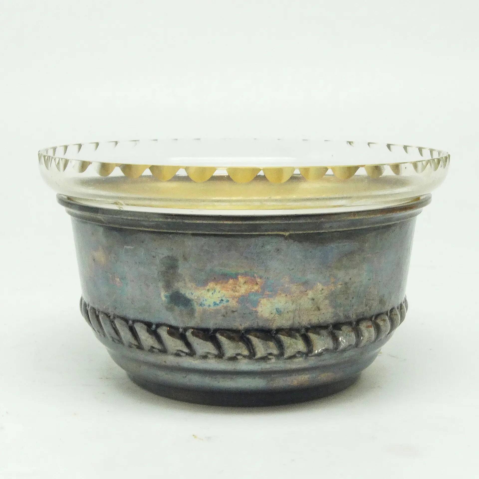 Neoclassical sugar bowl, glass, silver-plated brass, Denmark, 1930s