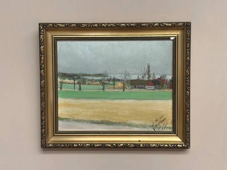 Original Swedish Oil on Panel – “Red Cottages” by Unknown Artist– Signed – Vintage & Framed – 48 × 40 cm (18.8" × 15.7")