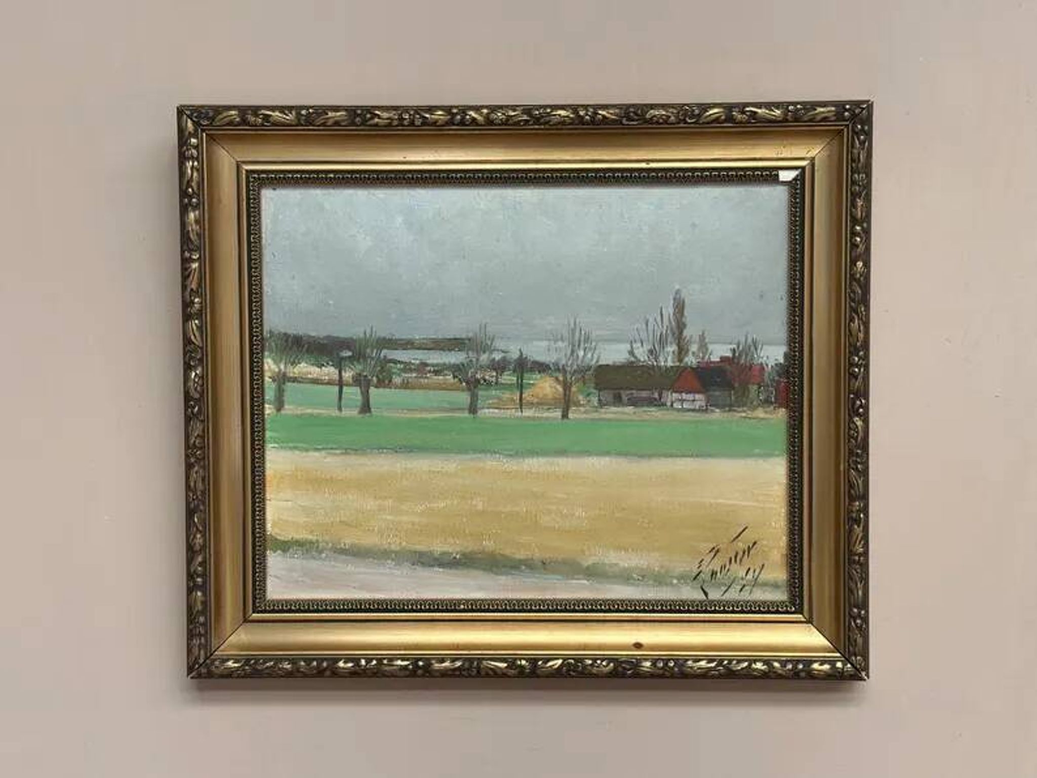 Original Swedish Oil on Panel – “Red Cottages” by Unknown Artist– Signed – Vintage & Framed – 48 × 40 cm (18.8" × 15.7")